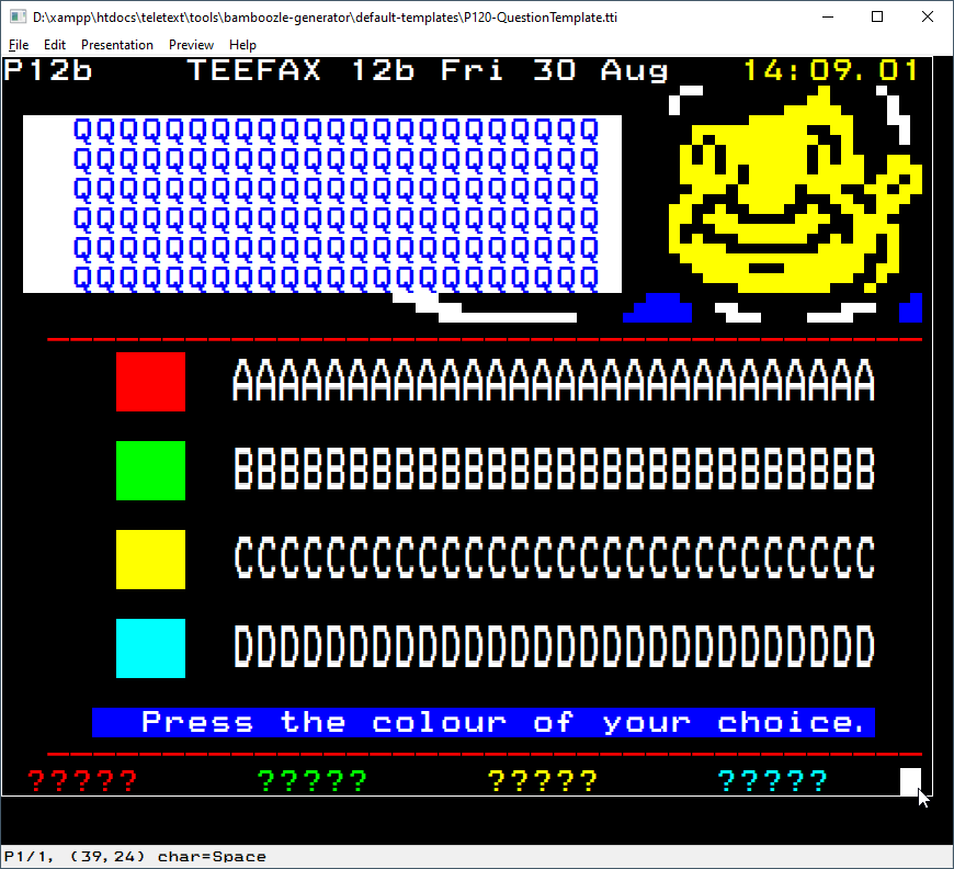 Screenshot of a Bamboozle question page being edited in wxTED.